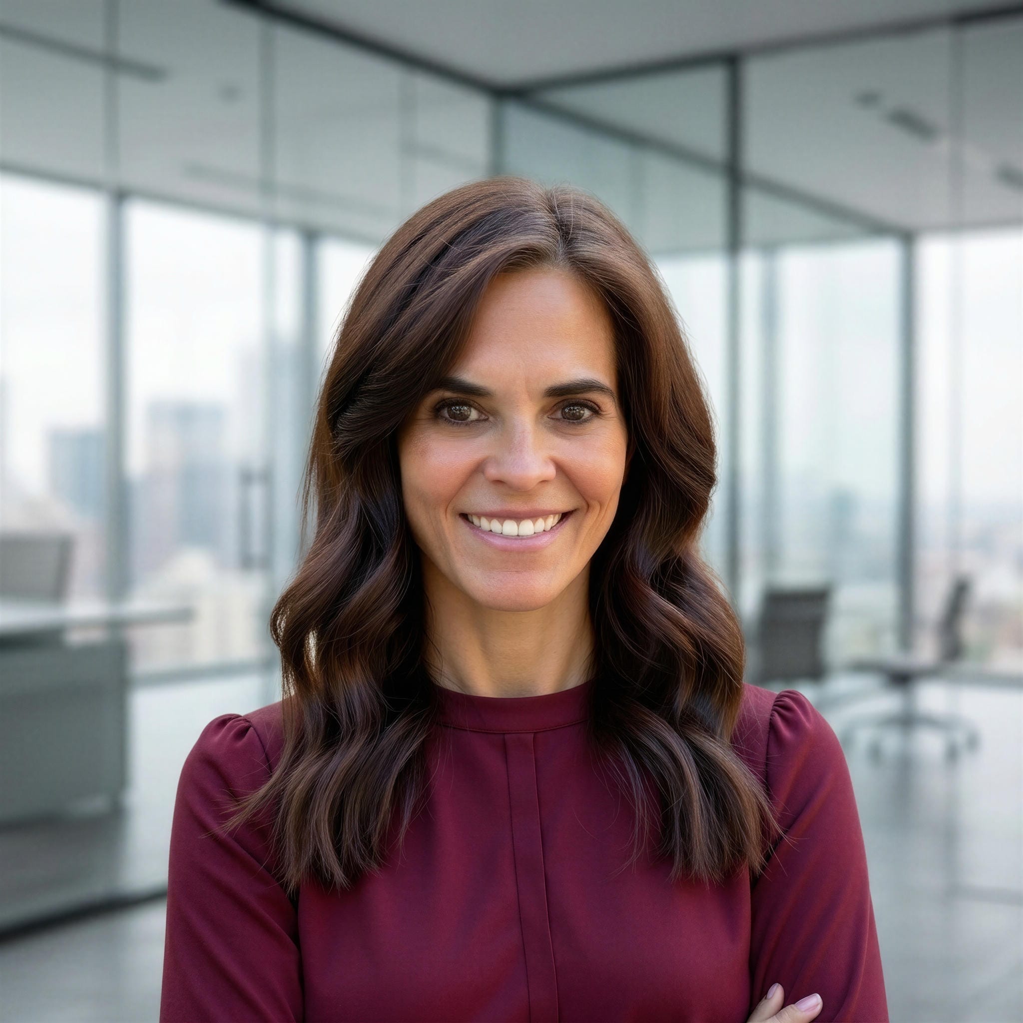 Dr. Tori Ann Adams, Founder and Fractional CFO of Two14 Capitol Advisors, smiling in a modern office with floor-to-ceiling windows
